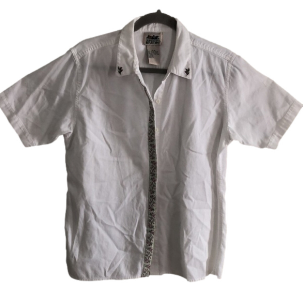 Vintage Corduroy  Embroidered Floral Short Sleeve Button Up Top Siz…